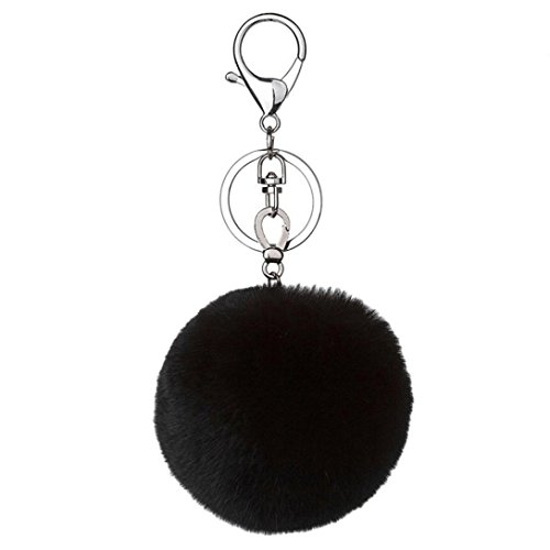 SUPPION Furry Metal Pompom Ball Keychain Bag Plush Car Key Ring Pendant (Black)