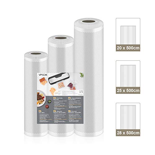 VPCOK Rollos al Vacio para Envasadora al Vacío, 3 Rolls de Varios Tamaños,Almacenaje de Alimentos,Cocina,Sous Vide, 28x500cm/25x500cm/20x500cm