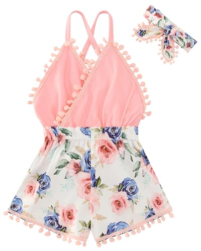 UNICOMIDEA Pink Flower Outfit For Baby Girls 3D Rose Romper Fashion Infant Girl Summer Playsuit Casual Backless Bodysuit 6-12 Months Baby Clothes With Headband Birthday Gift Party Clothing