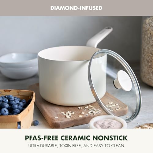 Image of GreenPan Rio Advanced 2QT Saucepan with Lid, Ceramic Nonstick PFAS-Free Pans, Induction Ready, Dishwasher and Oven Safe, Cream White