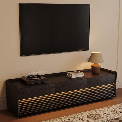 Image of POVISON Fully-Assembled Mid Century Modern TV Stand, 70.87 inch Entertainment Center with LED Light, Black Walnut Solid Wood TV Console for Living Room, TV Stand with Storage