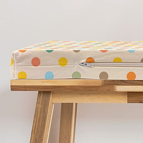 Lunarable Polka Dot Bench Pad, Colorful Circular Design Classic Retro Motif With Diagonal Spots Pattern, Standard Size Hr Foam Cushion With Decorative Fabric Cover, 45" X 15" X 2", Yellow Beige #TOP3