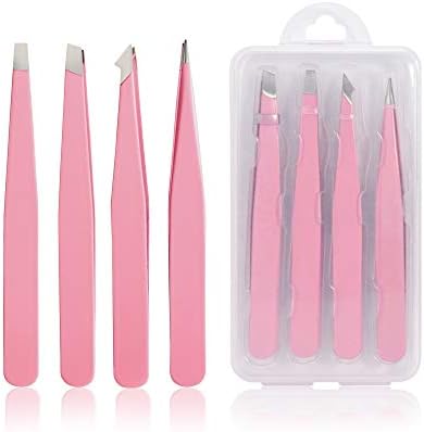 Tirdkid Tweezers Set 4-piece, Professional Stainless Steel Tweezers, Precision Tweezers for Eyebrows, Facial Hair, Ingrown Hair, Splinter, Blackhead and Tick Remover (PINK)