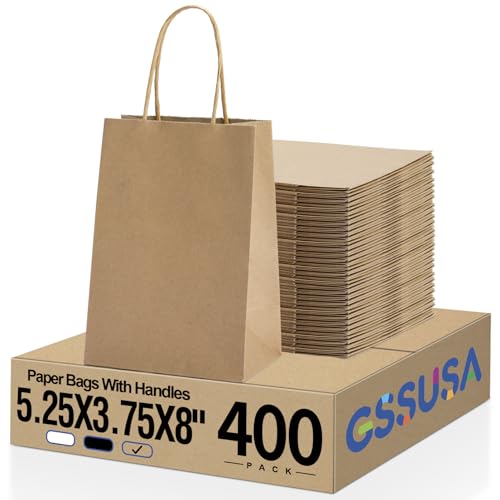 GSSUSA Brown Paper Bags with Handles, 5.25x3.75x8 in, 400 Pcs