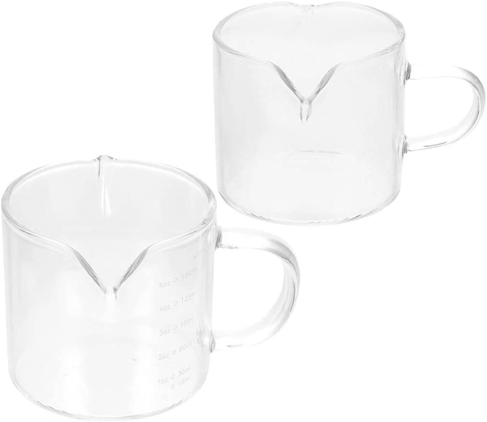 2pcs Glass Measuring Cup High Borosilicate Beaker Double Spout Graduated Pitcher Jug Mixing Mug with Scales for Laboratory Kitchen Baking Party Coffee 150ml 75ml Cups (As Shown)