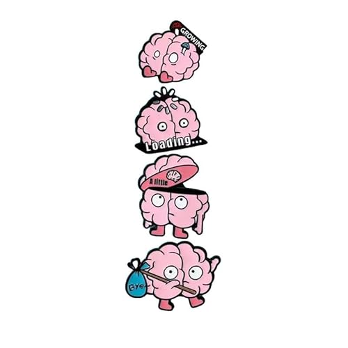 4PCS Funny Cartoon Brain Enamel Pins Set - Loading Growing Bye A Little Novelty Brooches for Backpacks Jackets Hats Bags, Humorous Zinc Alloy Badges for Men Women