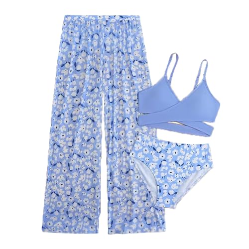 Ensemble Bikini Fille 7-12Ans Maillot de Bain Fille 3 Pièces Ensemble de Plage Fille d'Été Vacance Plage Swimwear Set Girl Imprimé Floral Élégant pour Adolescentes (Light Blue, 10-11 Years)