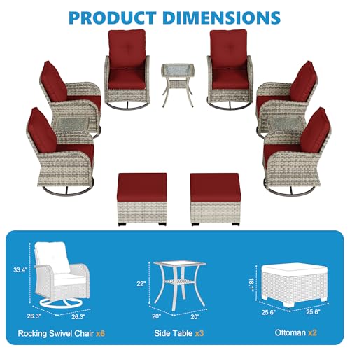 Image of 11-Piece Small Patio Furniture Set, Outdoor Swivel Rocking Chairs Set with Ottomans, Patio Bistro Set for Balcony, Deck, Porch, Red