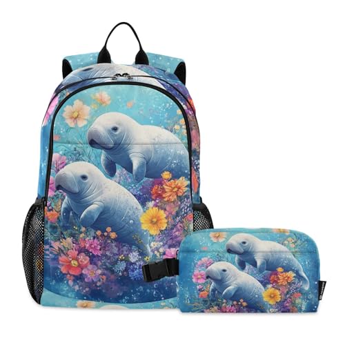Kids Backpacks Set Manatees Sea Flowers Colorful Art Boys Girls Backpack with Lunch Bag Toddler Bookbag