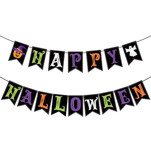 Image of OLANRUN Halloween Decorations Indoor for Party, Happy Halloween Banner Decor, Scary Hanging Banner with Pumpkin Ghost Decorations for Office Home Room Mantel Bedroom Wall, Pre-Assembled