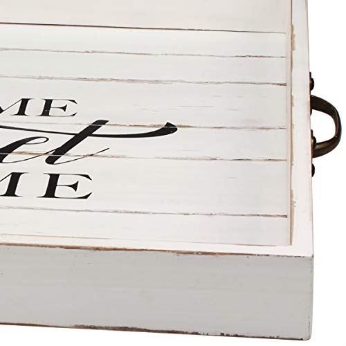 Stonebriar Square Worn White Sweet Home Wooden Serving Tray With Metal Handles #TOP3