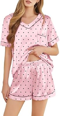 SHEFOTY Silk Pajamas for Women Short Sleeve Satin 2 Piece Pj Set Soft V Neck Sleepwear Loungewear, S...
