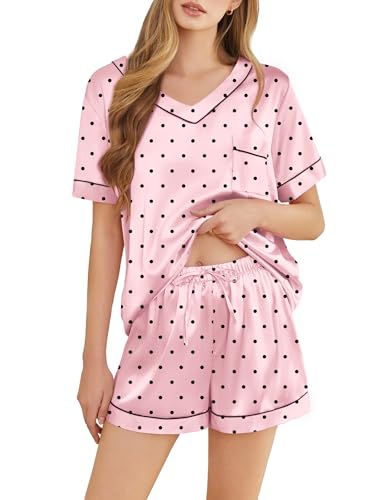 SHEFOTY Silk Pajamas for Women Short Sleeve Satin 2 Piece Pj Set Soft V Neck Sleepwear Loungewear, S-XXL