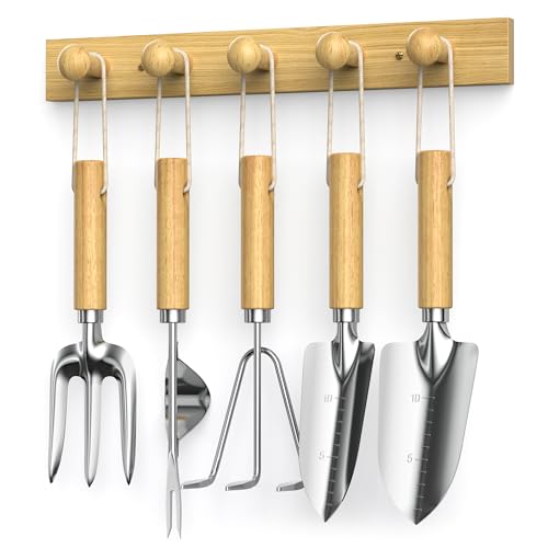 Grenebo Ensemble d'outils de Jardinage avec Crochets muraux en Bois, 6 Outils de Jardinage avec 5 Crochets muraux en Bois Robustes et élégants, Cadeaux de Jardinage pour Femmes, Porte-Manteau Mural