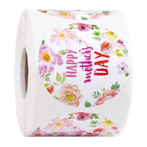 RUSPEPA 500 Pcs Mother's Day Stickers, 2 x 2 Inch Floral Happy Mother's Day Labels, Round Watercolor Flower Self-Adhesive Stickers for Mom, Gifts, Cards, Envelopes, Gift Bags, Packaging, Decor, Craft
