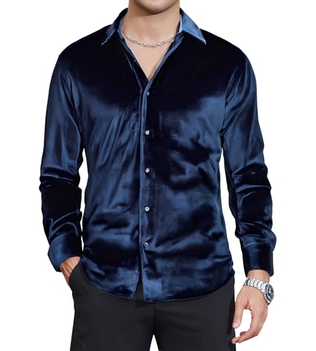 Alex Vando Mens Velvet Shirts Soft Stretch Casual Button Down Shirt,Navy,XL
