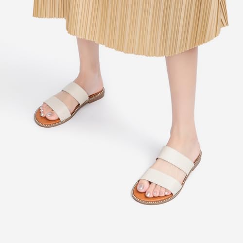 Image of Tilocow Women's Flat Sandals Two Strap Summer Dressy Studded Slide Sandals Open Toe Cute Casual Slip on Comfort Shoes for Beach Travel Daily Wear