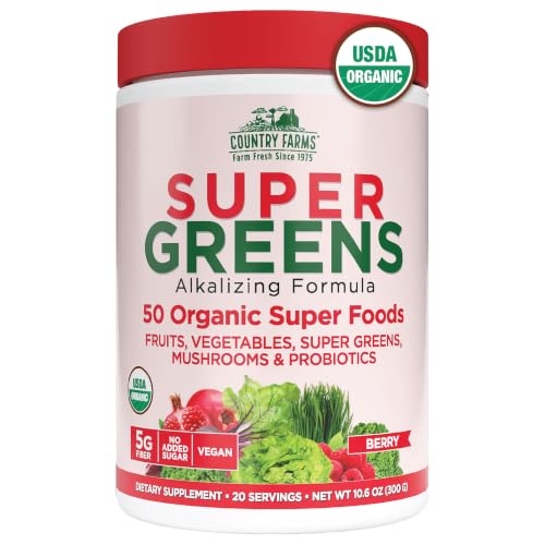 Country Farms Organic Super Greens Powder Daily Greens Drink Mix with 50 Organic Superfoods Fruits Vegetables Fiber Mushrooms & Probiotics for Gut Health Digestion & Energy Berry Flavor