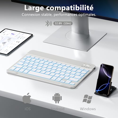 Clavier sans fil iPad AZERTY Vobafe gris clair rétroéclairé pour tablette iOS et Android