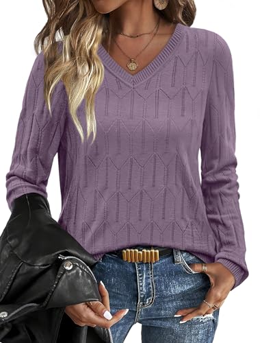 Spring Sweaters for Women Long Sleeve Shirts Tops for Teachers Lightweight Fall Outfits 2026 Plus Size Winter Clothes Dressy Casual Blouses Purple L