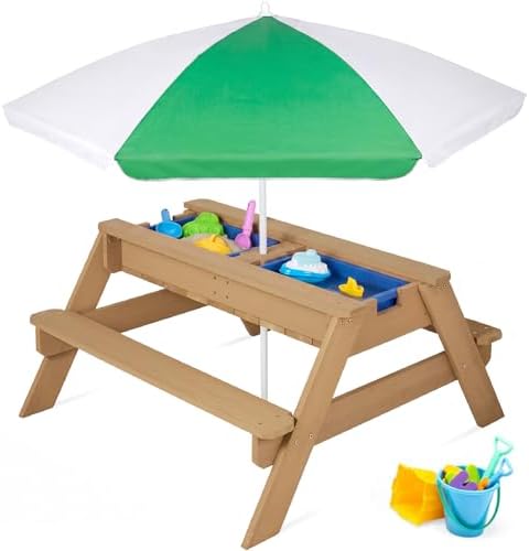 Best Choice Products Kids 3-in-1 Sand & Water Table, Wood Outdoor Convertible Picnic Table w/Umbrella, 2 Trays, Removable Top – Green