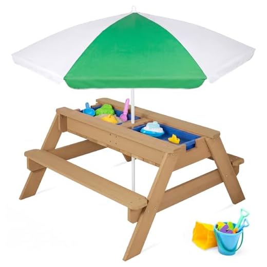 Best Choice Products Kids 3-in-1 Sand & Water Activity Table, Wood Outdoor Convertible Picnic Table w/Umbrella, 2 Play Boxes, Removable Top - Green