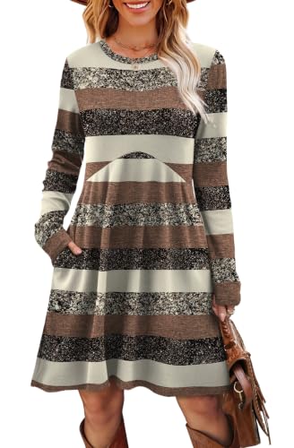 Image of OFEEFAN Long Sleeve Dress for Women Crew Neck Empire Waist Tunic Dress with Pockets