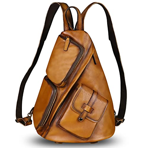 Ivtg Genuine Leather Sling Bag Crossbody Casual Hiking Daypack Vintage Handmade Chest Bag Shoulder Backpack Motorcycle Pack Rucksack (Brown) #TOP1