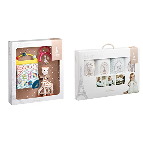 SOPHIE LA GIRAFE - Coffret Cadeau Naissance Sophie la girafe & Set de 4 langes Sophie la girafe - langes lavables en tissu 100% coton pour bébé - multiples...