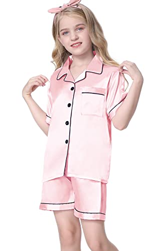 Umeyda Girls Satin Pajamas Set, PJS Short Sleeve Button-Down Top + Shorts Sleepwear Loungewear 2 Pieces Pajamas Set for Little & Big Girls, Baby Pink, 3-4 Years