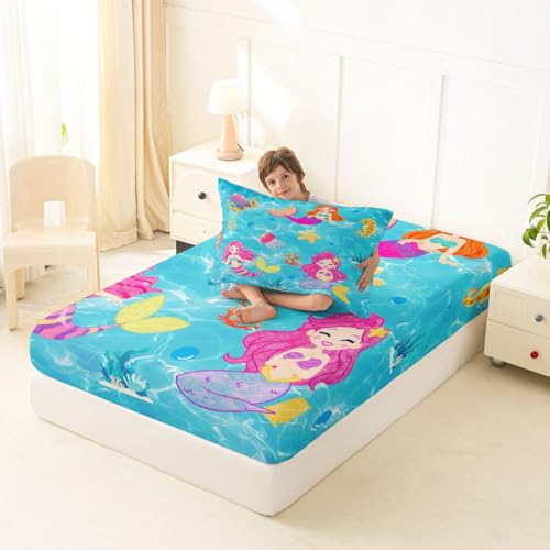 Image of jejeloiu Mermaid Bed Sheets Sets Twin Size Kids Boys Girls Tropical Ocean Bedding Set Blue Pink Bed Sheet Set with 16-Inch Deep Pockets Mermaid Tail 3Pcs with 1 Pillow Cases