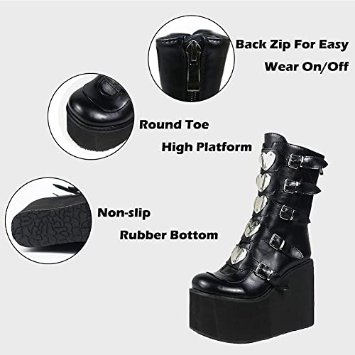 Aminugal Punk Goth Mid Calf For Women Mid Heel Chunky Platform Ankle Boots Non-Slip Side Zip Combat Boots Booties #TOP3