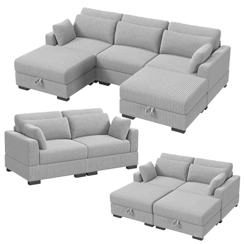 BRILVERDE Divano modulare, divano letto singolo, divano letto con cassetta, divano ad angolo con funzione sleep, divano a forma di L, in velluto a coste con cuscino e pouf, moderno divano letto per