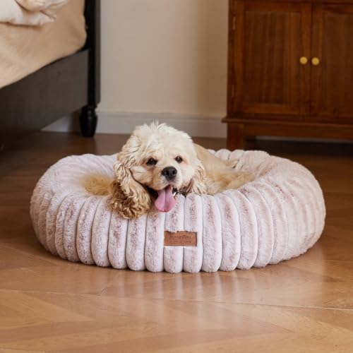 FUKUMARU - FUKUMARU Dog Bed, Calming Donut Dog Beds for Anxious Puppies, Modern Aesthetic Cat Bed with Gradient Print, Cute Round Pet Beds with Washable Cover, Orthopedic Puppy Bed, Pink, Small, 25 inches
