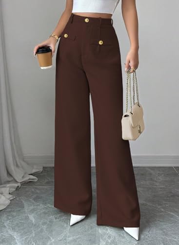 Pink Queen Wide Leg Dress Pants for Womens High Waist Pants for Work Button Decor Textured Long Trousers Slacks2