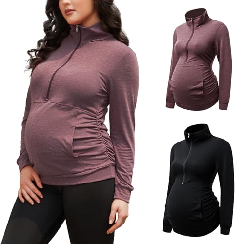 Image of GINKANA Maternity Women's Long Sleeve Shirt Half Zipper Lapel Lightweight Casual Maternity Pullover with Pockets