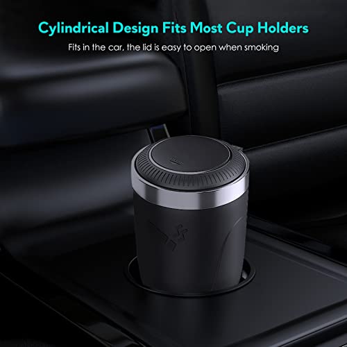 Auto Aschenbecher, LYCXAMES Tragbarer Edelstahl Fahrzeug Rauchfreien Aschenbecher Zigarette mit Deckel & LED Beleuchtet für Autos Vans Outdoor Camping, Schwarz