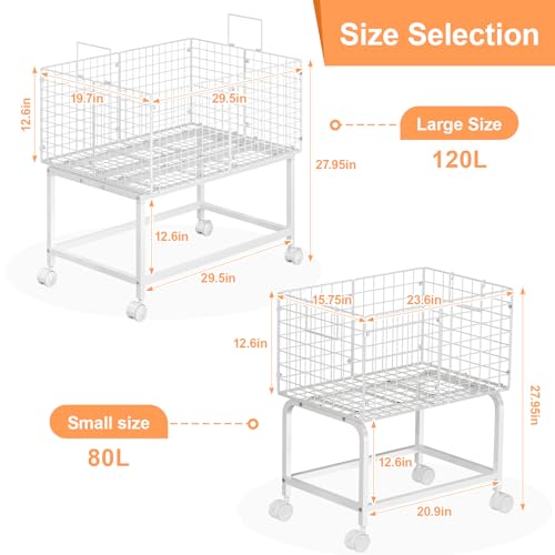 Image of Wire Laundry Hamper Cart,80L Laundry Hamper Trolley with Pull Handle,White High Laundry Basket Cart for Laundry Room,Bathroom,Bedroom-White（23.6 * 15.75 * 28inch）
