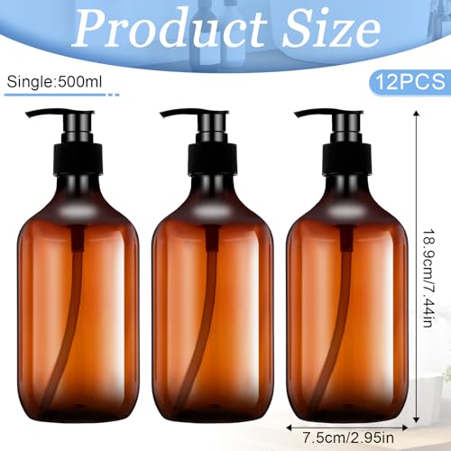 12 Packs Amber Plastic Soap Lotion Dispenser Bottles with Pump, Refillable Body Wash Container 16.9 Oz Empty Pump Shampoo Bottles Dispenser for Bathroom Travel Soap Lotion Shampoo and Conditioner3