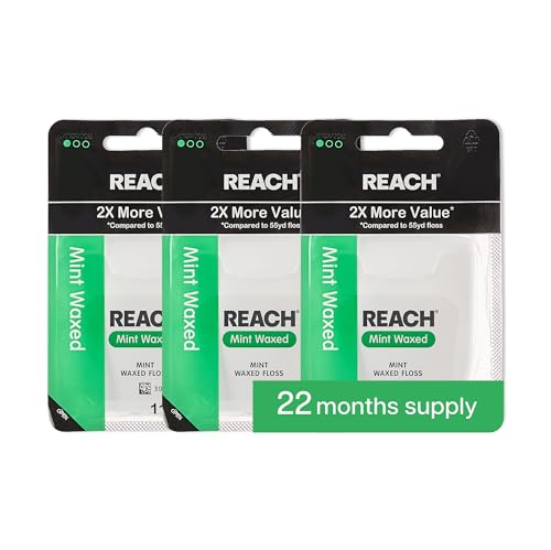REACH Waxed Dental Floss 2X More Value Plaque Remover for Teeth Shred Resistant Floss Slides Smoothly Easy to Use Waxed for Adults & Kids Oral Care PFAS Free 3 Pack 115 yd Mint