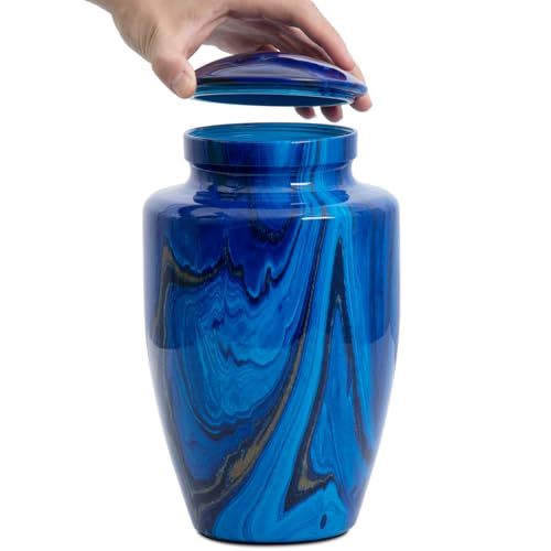 Image of Handcrafted Cremation Urns for Human Ashes Adult Man and Woman | Large Urns for Ashes Adult Male and Female,Decorative Funeral Urns - Memorial Urn with Blue Marble Finish(Up to 200IBS)