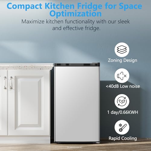 Image of COWSAR 3.2 Cu.Ft Dorm Fridge with Freezer, Single Reversible Door Compact Refrigerator, Adjustable Thermostat, 2 Removable Shelves, Commercial Drink Fridge for Bedroom, Office, Kitchen, Dorm, Silver