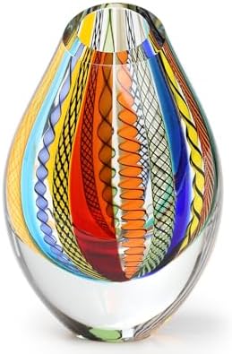 Ca D Oro hand-blown drop glass vase with vibrant colored canes, showcasing Boho style.