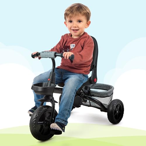 6 en 1 triciclo infantil gris, bicicletas y vehículos para niños de 10 meses a 5 años, bicicleta cochecito infantil con asiento reversible para parasol y pedal
