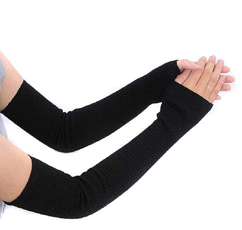 QUUPY 1 par de guantes largos sin dedos para invierno, de punto, longitud al codo, par de guantes de ganchillo de punto de moda, guantes elásticos con agujero para el pulgar, fundas de brazo para