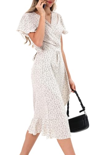 Image of Women's Summer Wrap Maxi Dress Casual Boho Floral V Neck Short Sleeve Ruffle Hem Split Beach Long Dresses