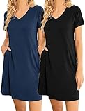 Ekouaer 2er Nachthemd Damen Kurzarm Sleepshirt V-Ausschnitt Nachtkleid Print Schlafshirt Zweiteiliger Nachtkleid Große Hauskleid mit Taschen,Schwarz + Navyblau,3XL