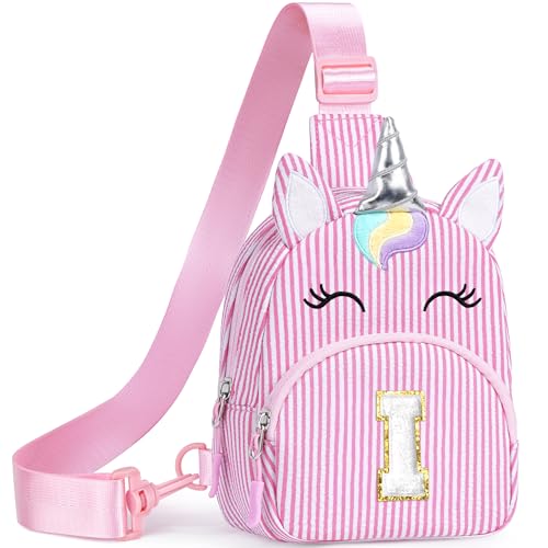Image of YOOLIFE Unicorn Purse Birthday Gifts for Girls Kids Crossbody Bag, Pink I | Initial Fanny Pack Monogrammed Sling Bag for Little Girls Purse Kids Crossbody Bag, Personalized Gift for Daughter Sister