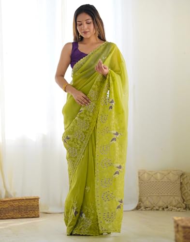 Image of SIRIL Women's Silk Blend Sequence Embroidery Saree With Unstitched Blouse Piece for Wedding and Parties