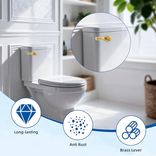Image of Hibbent Universal Metal Front Mount Flush Toilet Handle Kit, Brushed Gold | Solid Brass Toilet Flush Tank Lever with Stainless Steel Adjustable Flapper Chains, Side Tank Toilet Handle for Most Toilets